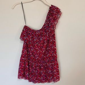 Express One-shoulder Red Floral Ruffle Peplum Top | Size XS